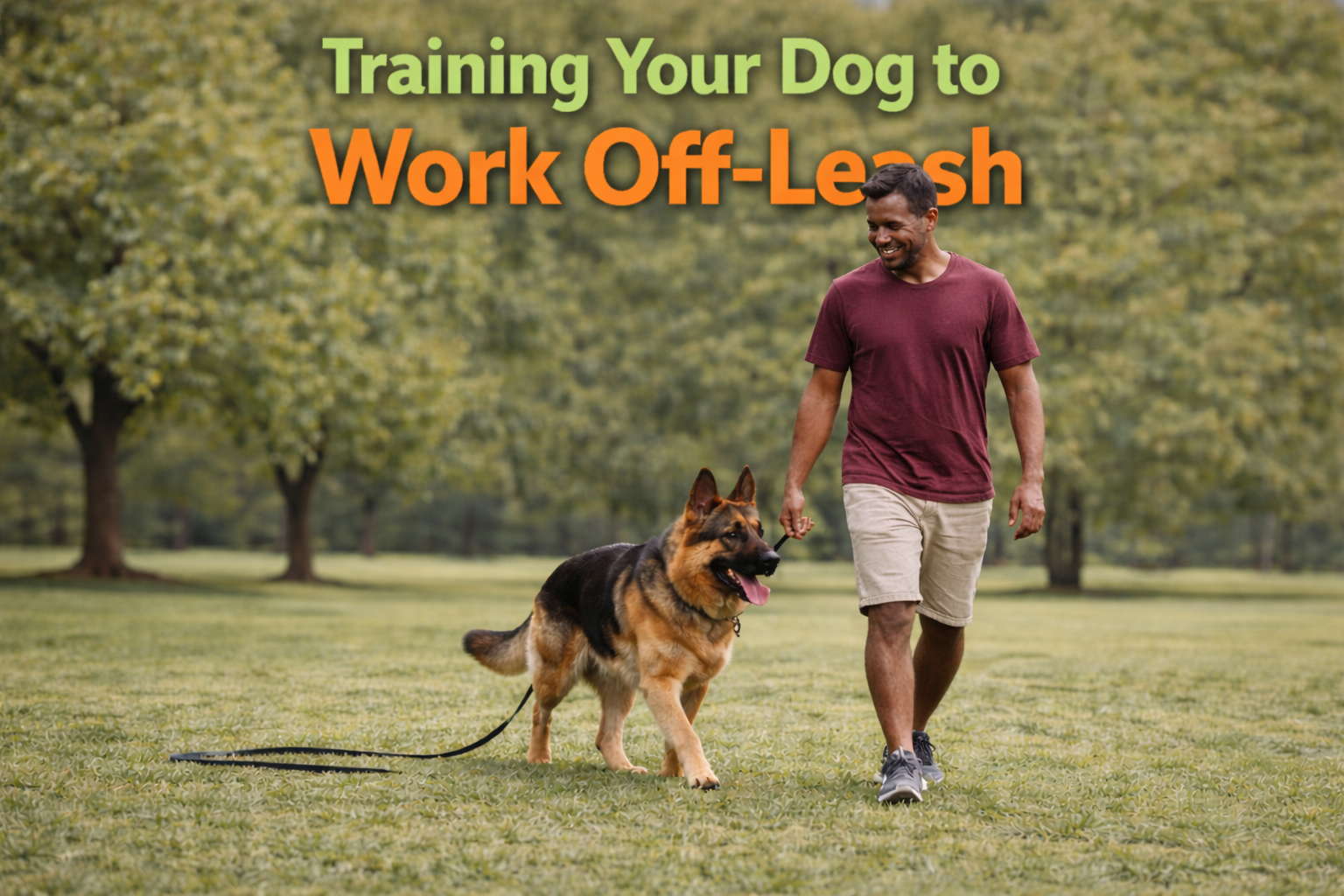 A man walking his German Shepherd dog in a park with green trees in the background. The text overlay reads: 'Training Your Dog to Work Off-Leash.'