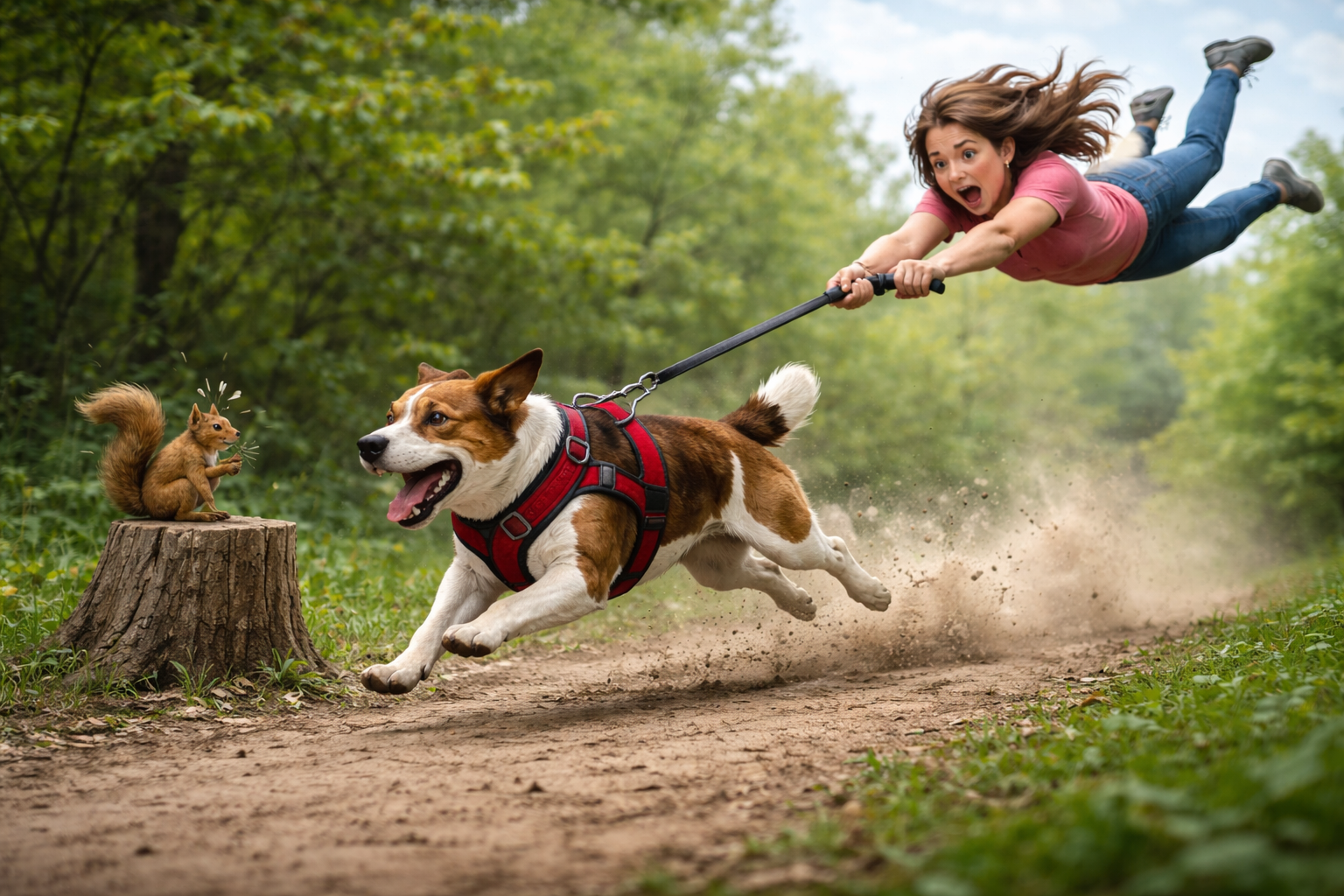 A woman in a pink shirt and blue jeans being pulled on a leash by a brown and white dog in a forest, with a squirrel sitting on a tree stump watching them.