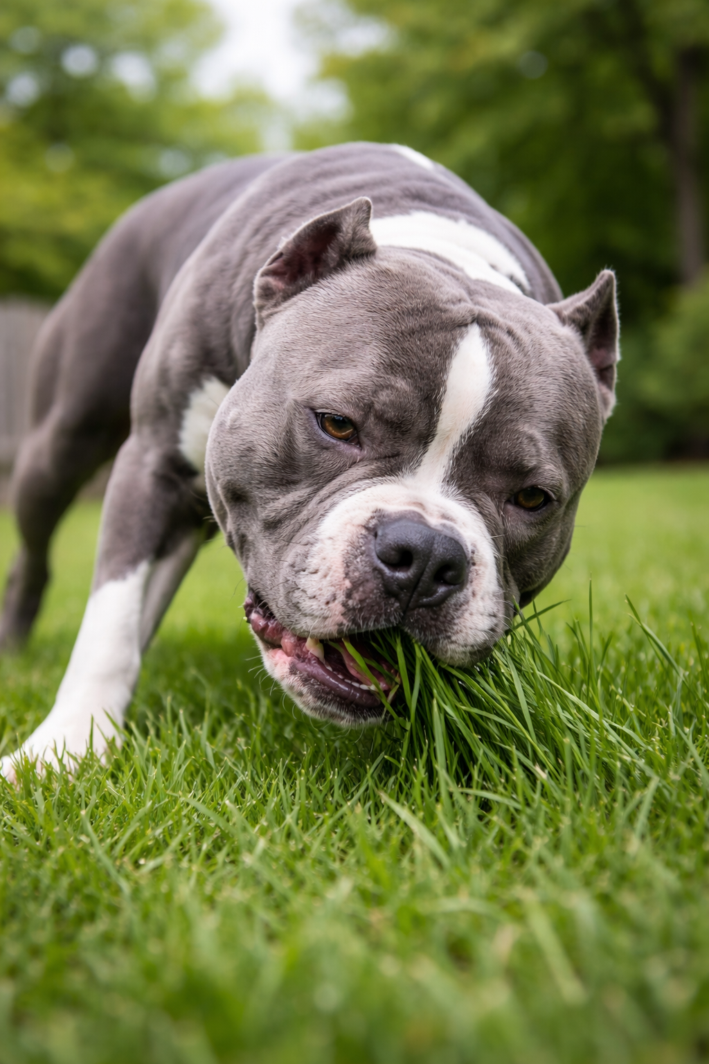A gray and white bulldog dog chewing on grass in a grassy yard outdoors.