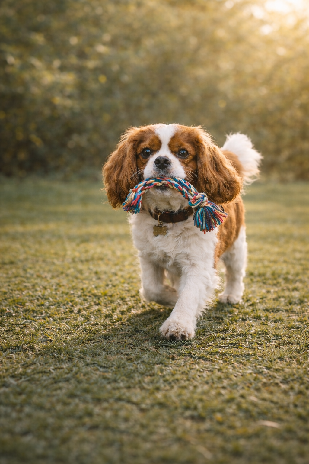 A Cavalier King Charles Spaniel puppy walking across a grassy field with a colorful rope toy in its mouth.