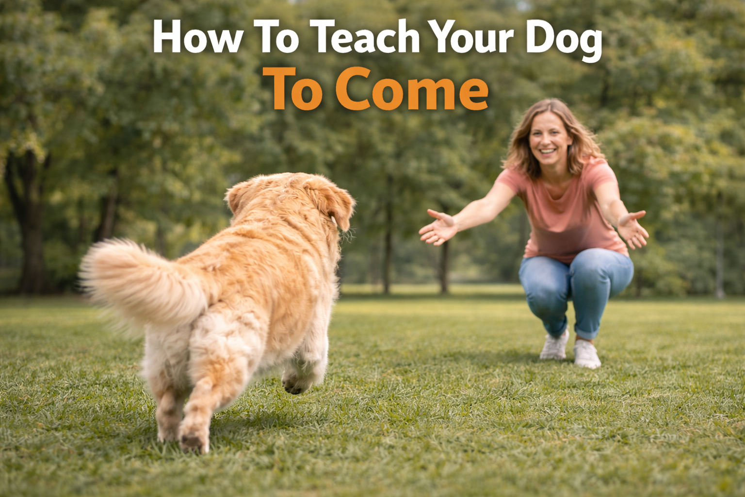 A woman smiling and crouching with open arms in a park, facing a golden retriever dog running towards her. The text overlay says 'How To Teach Your Dog To Come'.