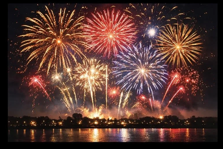Fireworks explode in the night sky over a body of water, reflecting the colorful display below.