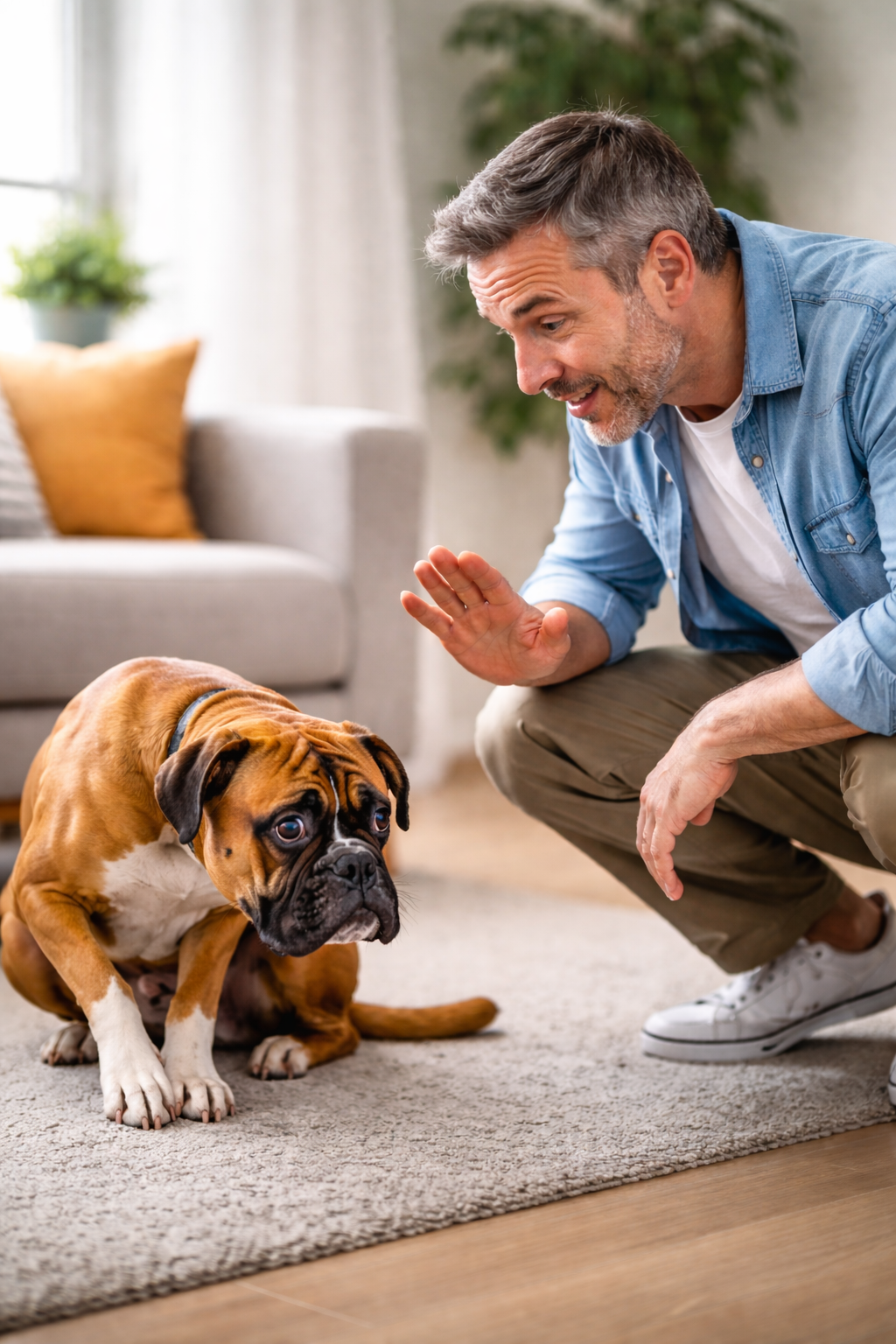 A man and a bulldog sitting on a beige carpet indoors. The man is squatting and giving a high five to the dog, who looks up at him. The room has a gray sofa with pillows and a plant in the background.
