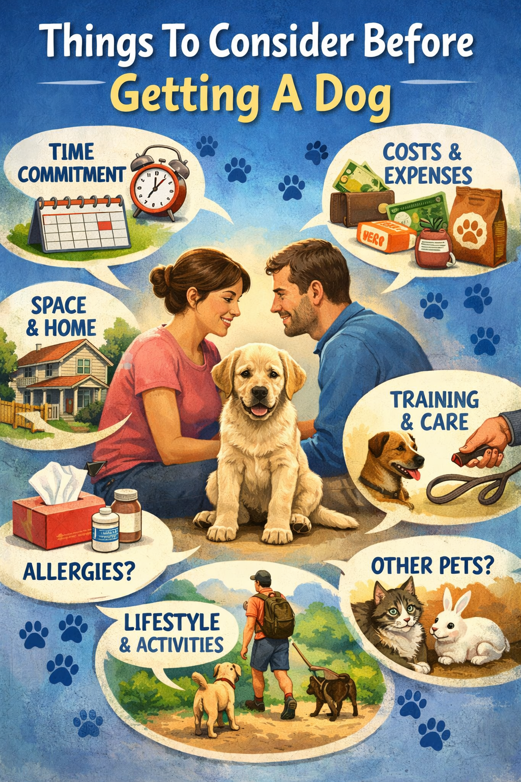An infographic titled "Things To Consider Before Getting A Dog" shows two people with a puppy, surrounded by icons representing various considerations including time commitment, costs and expenses, space and home, training and care, allergies, lifestyle and activities, and other pets.