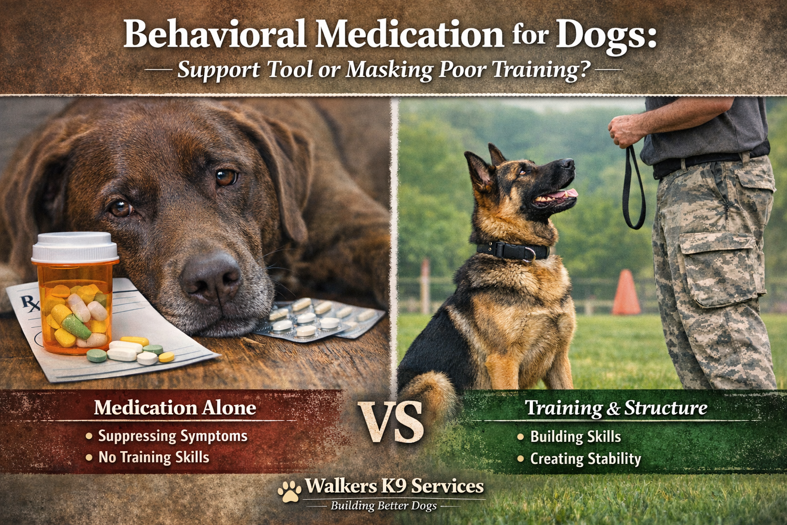 Side-by-side comparison of two approaches to dog behavior management: on the left, a sad dog lying with medication pills and a pill bottle, labeled 'Medication Alone' with points about suppressing symptoms and no training skills; on the right, a happy dog sitting attentively with a person in a field, labeled 'Training & Structure' with points about building skills and creating stability. The bottom of the image features the logo and tagline of Walkers K9 Services, 'Building Better Dogs'.