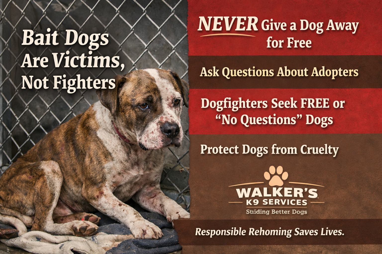 A sad, injured dog with mange sitting in a shelter cage with damage on its body. The background shows a chain-link fence. Overlaid text warns against giving dogs away for free and promotes responsible rehoming, emphasizing to protect dogs from cruelty and avoid aiding dogfighters.