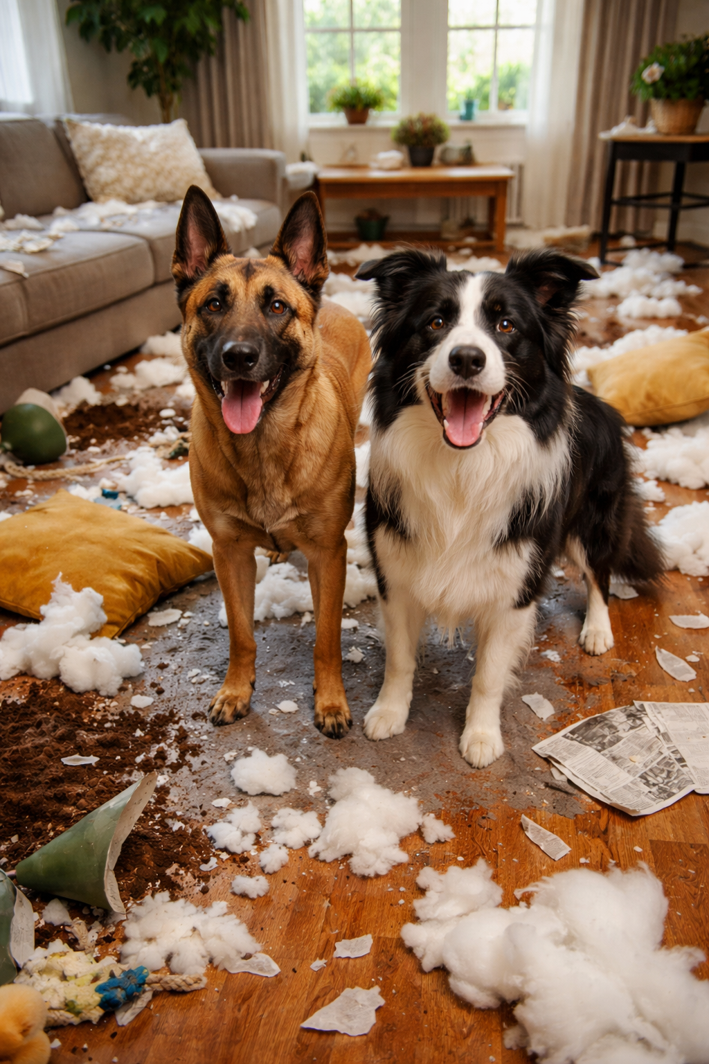 Two happy dogs, an Australian Shepherd and a mixed breed, standing on a messy living room floor with torn pillows, strawberries, shredded paper, and stuffing scattered around.