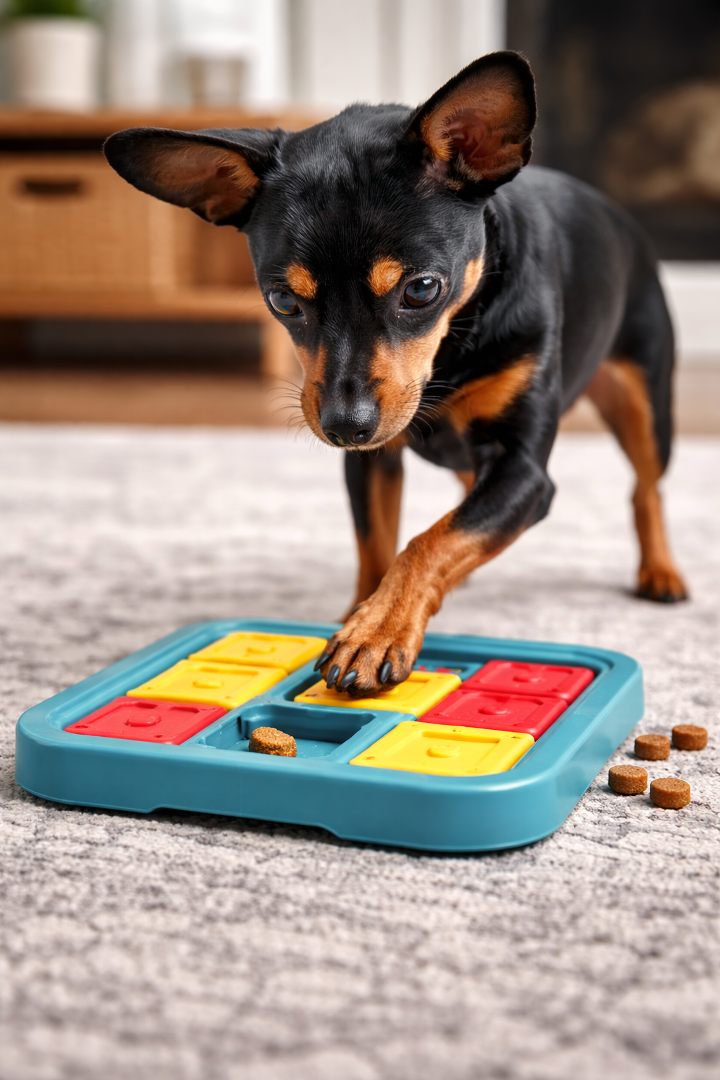 A small black and tan dog playing a puzzle game on a blue tray with yellow and red pieces, some scattered around.