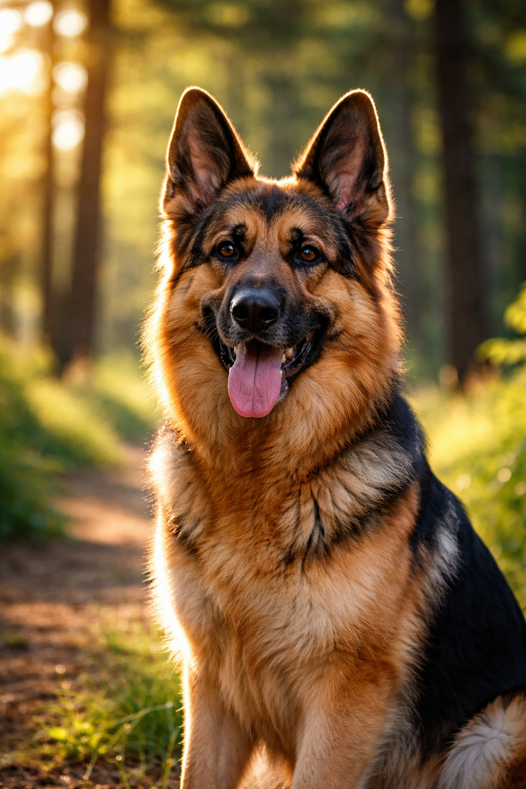 A German Shepherd dog sitting on a forest trail during sunset, looking happy with tongue out and ears perked up.