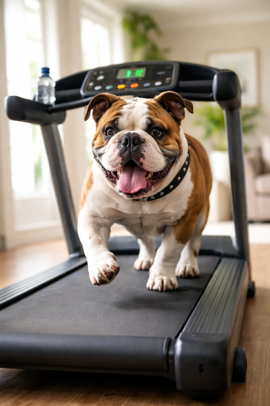 A happy bulldog walking on a treadmill indoors.