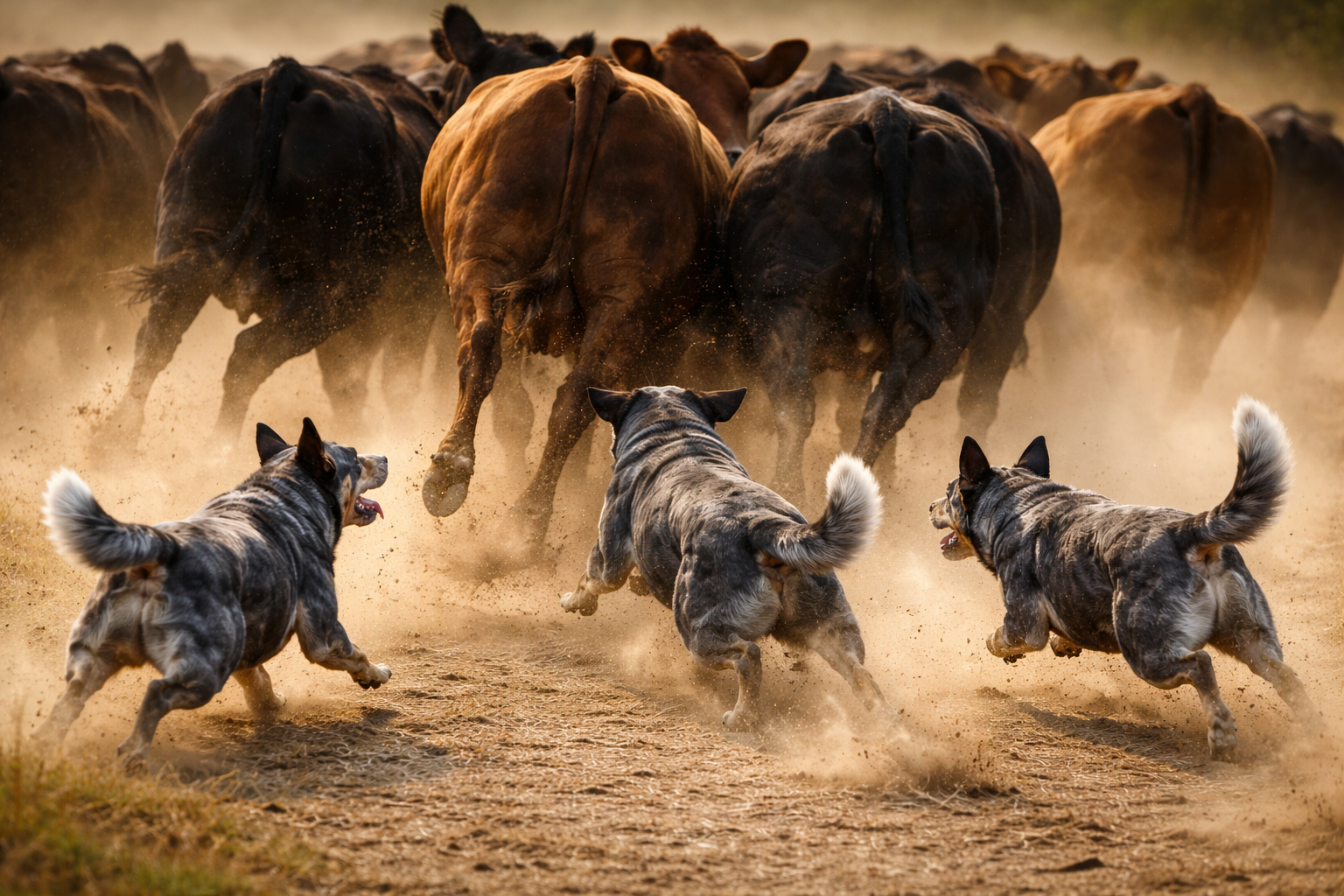 Dogs chasing cattle on a dusty field
