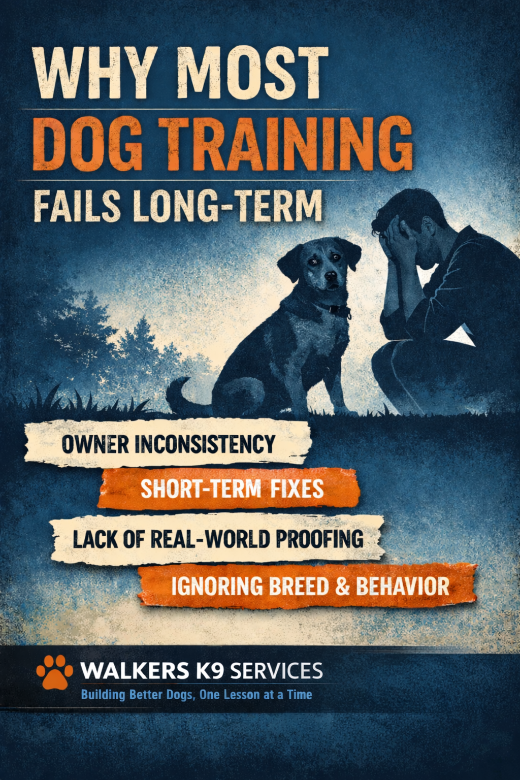 A poster with a person and a dog sitting on grass, with the title 'Why Most Dog Training Fails Long-Term' and points about owner inconsistency, short-term fixes, lack of real-world proofing, and ignoring breed and behavior. Includes Walker's K9 Services logo and slogan 'Building Better Dogs. One Lesson at a Time'.
