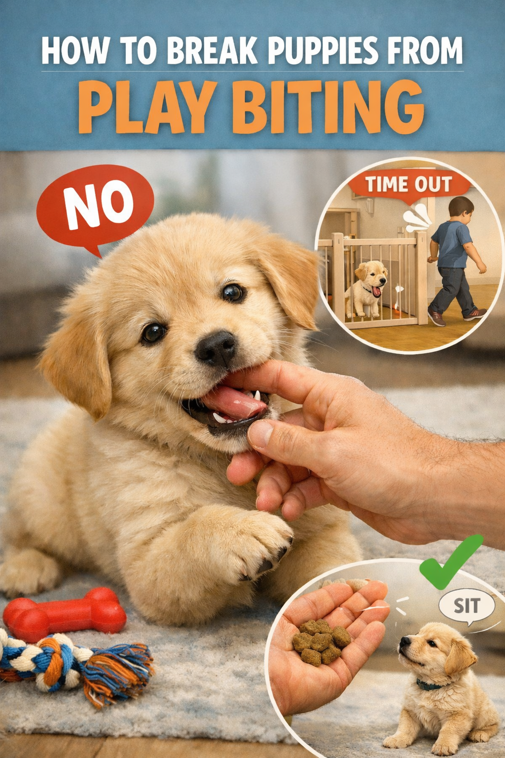 Guide on how to break puppies from play biting, showing a playful puppy with a speech bubble saying "NO," and a smaller inset image with a person giving a puppy a treat for sitting, labeled "SIT," and avoiding a situation with a child in a time-out area.