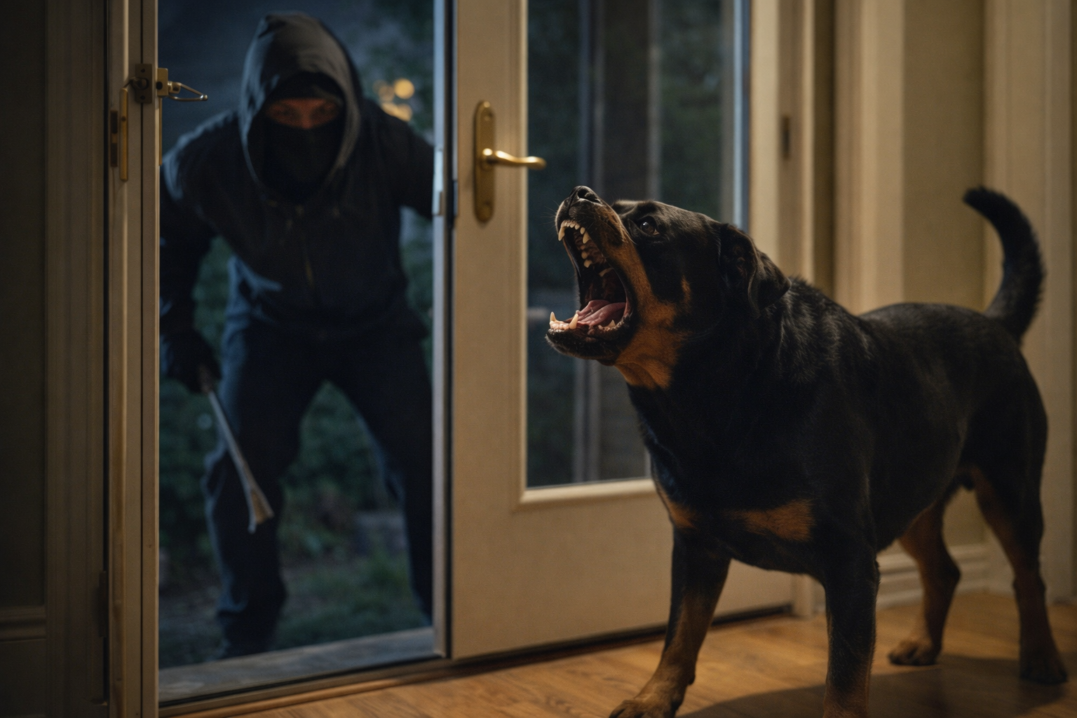 A Rottweiler dog barking inside a house at a person dressed in black outside the sliding glass door, during dusk or evening.