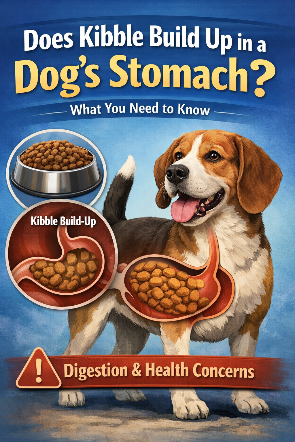 Book cover titled 'Does Kibble Build Up in a Dog's Stomach? What You Need to Know.' Features an illustration of a happy beagle dog, a bowl of dry kibble, and a diagram showing kibble accumulation in a dog's stomach with a warning about digestion and health concerns.