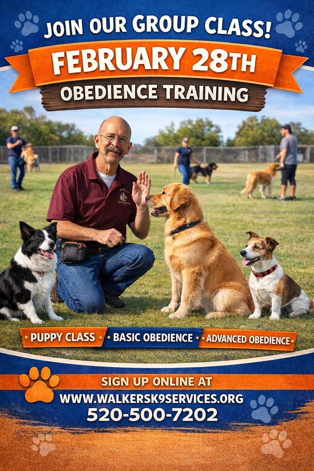 A colorful flyer promoting a dog obedience training class scheduled for February 28th. The flyer features a man in a maroon shirt and several dogs sitting and standing on a grassy field, with other people and dogs in the background. The text mentions puppy class, basic and advanced obedience, and provides a website and phone number to sign up.