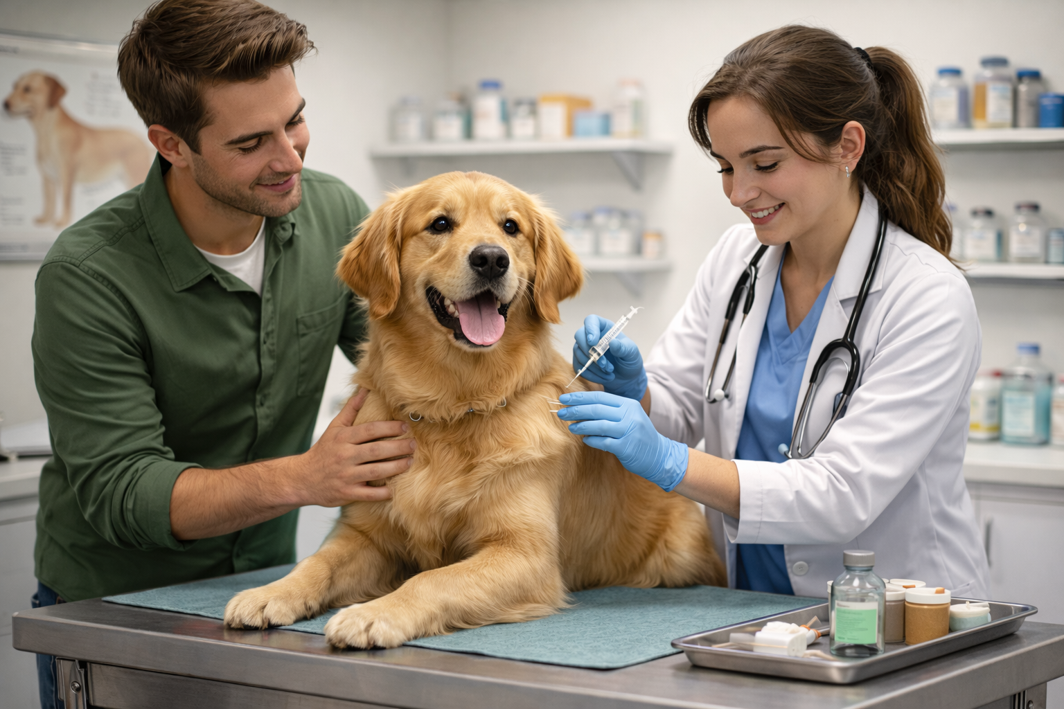 Veterinarian administering a vaccine to a happy golden retriever on an examination table, with a man supporting the dog.