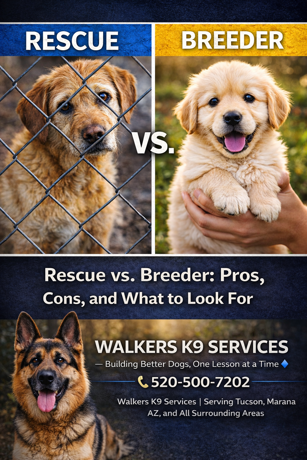 A flyer comparing rescue dogs and breeder dogs, featuring pictures of a rescue dog behind a chain-link fence on the left and a breeder dog being held by a person on the right. The flyer promotes Walkers K9 Services, a dog training and rescue organization, with contact information and service areas listed.