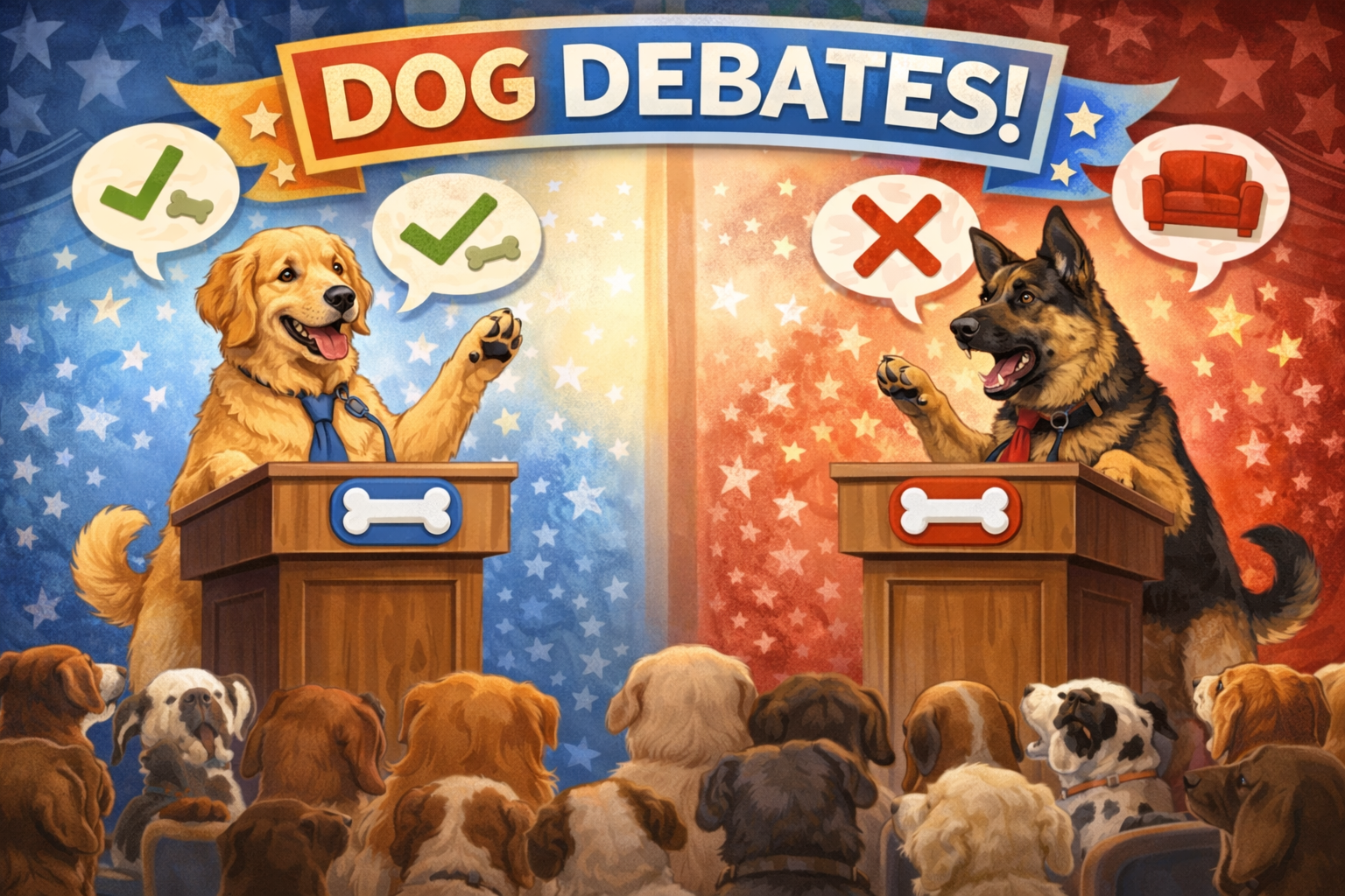 Illustration of a dog debate with a golden retriever, wearing a blue tie, on the left, and a German shepherd, wearing a red tie, on the right. The golden retriever has check marks in speech bubbles, and the German shepherd has an X and a couch in speech bubbles. Audience of various dogs are watching the debate.