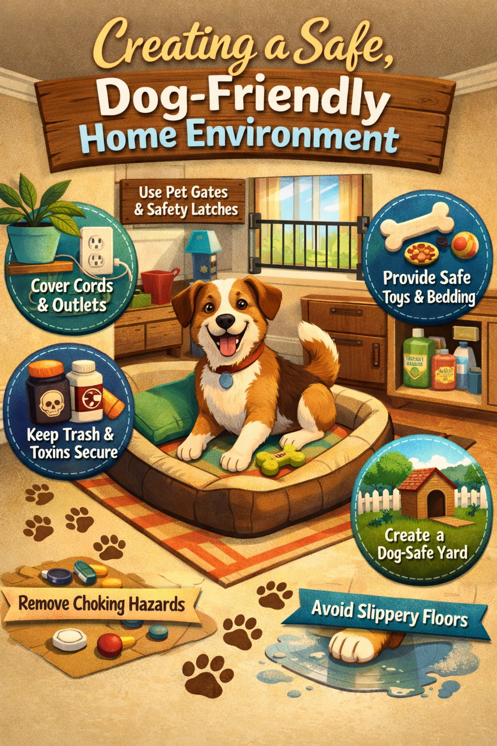 A colorful poster with tips for creating a pet-friendly home environment. Features a happy dog sitting in a dog bed with a green chew toy, surrounded by icons and text about using pet gates, covering cords, providing safe toys, keeping toxins secure, creating a dog-safe yard, removing choking hazards, and avoiding slippery floors.