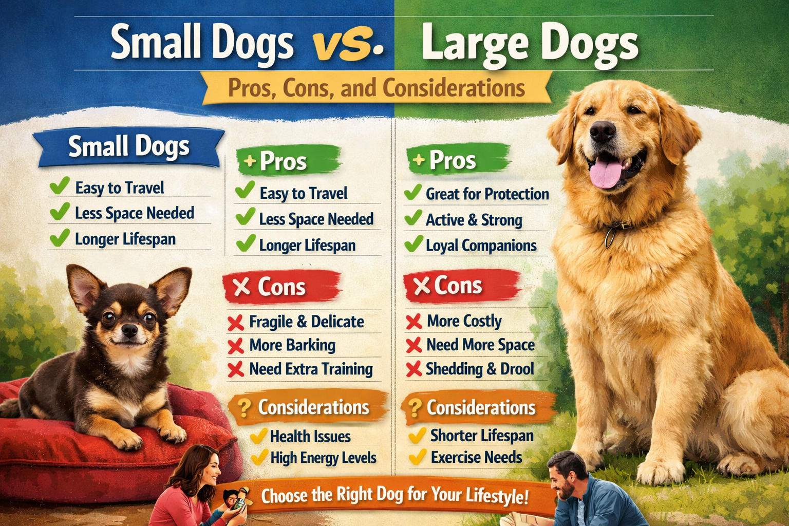 Comparison chart of small versus large dogs, listing pros and cons for each, with images of a small Chihuahua dog on a cushion and a large golden retriever outdoors, highlighting considerations for choosing the right dog.