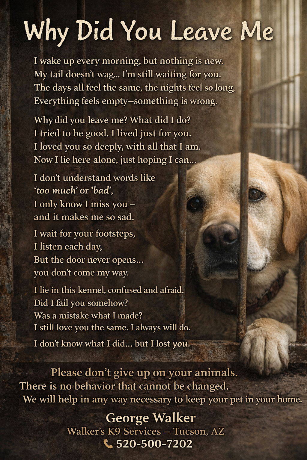 A heartfelt message from a dog behind bars, expressing sadness and longing for its owner. Text overlay about pet loss and encouragement to not give up on animals, with contact info for George Walker's K9 Services in Tucson, AZ.