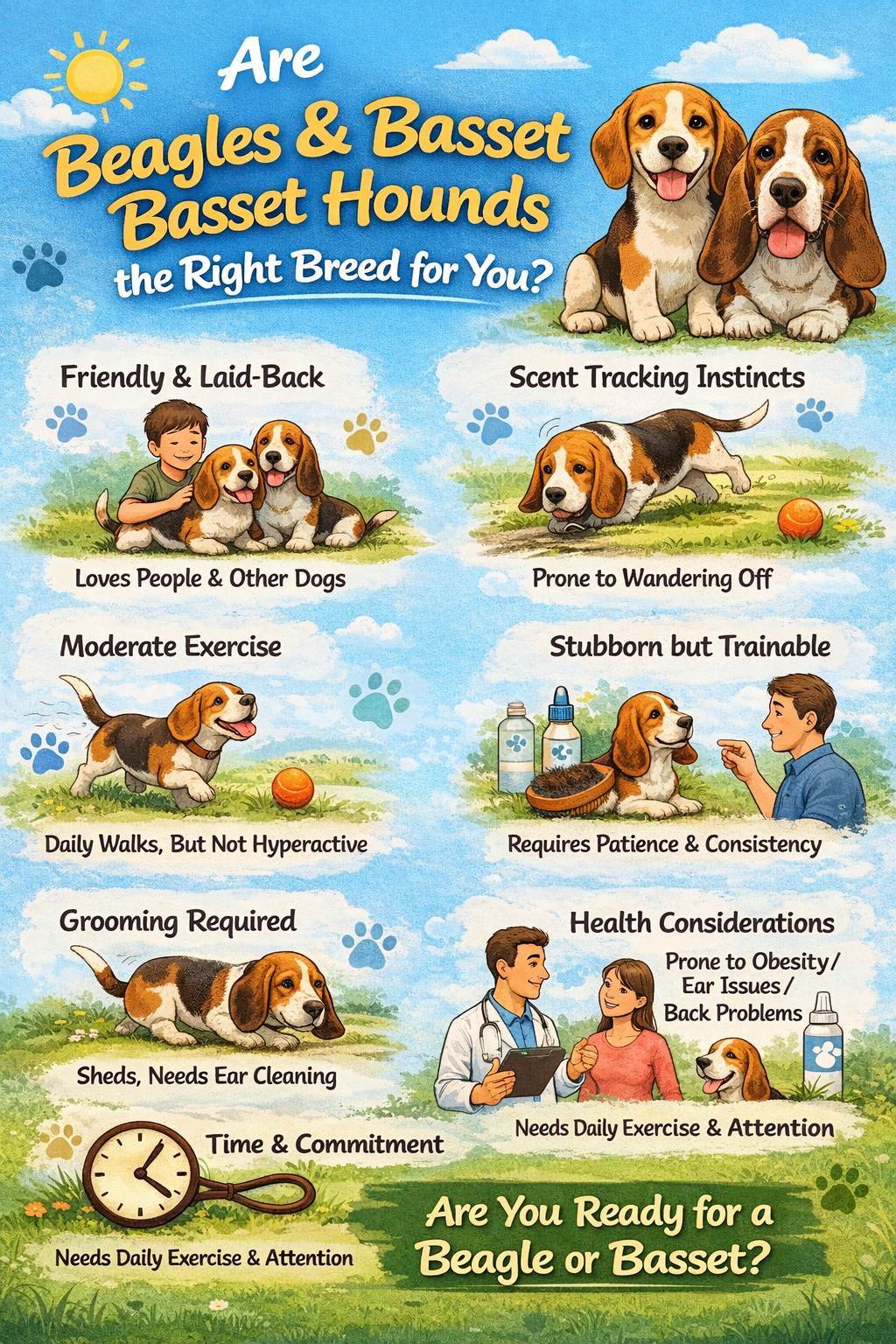 An illustrated guide titled "Are Beagles & Basset Hounds the Right Breed for You?" featuring pictures of Beagles and Basset Hounds with traits such as friendly, laid-back, enjoys people, moderate exercise, grooming needs, health considerations, and time commitment. The infographic poses questions about these breeds' suitability for potential owners.