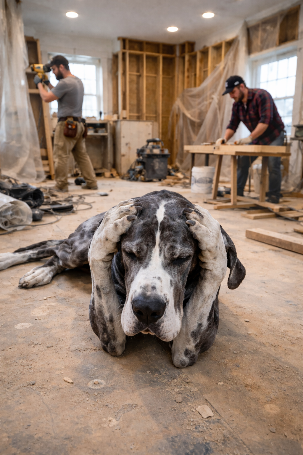 A large dog lying on the floor in a house under renovation, with two workers in the background working on walls and furniture.