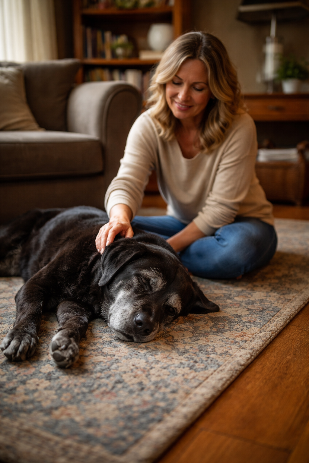 A woman with blonde hair, wearing a beige sweater and blue jeans, sitting on the rug in a living room, petting a large black and gray dog lying on the floor.