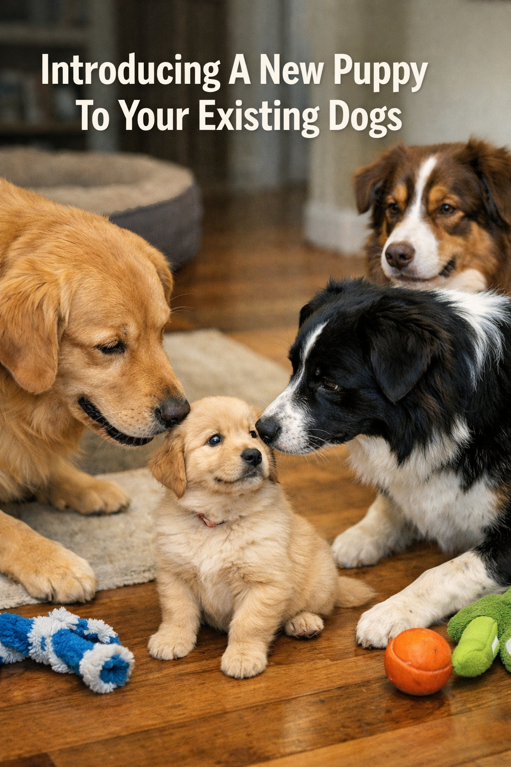 Four dogs and a puppy inside a home, surrounded by dog toys, with a text overlay about introducing a new puppy to existing dogs.