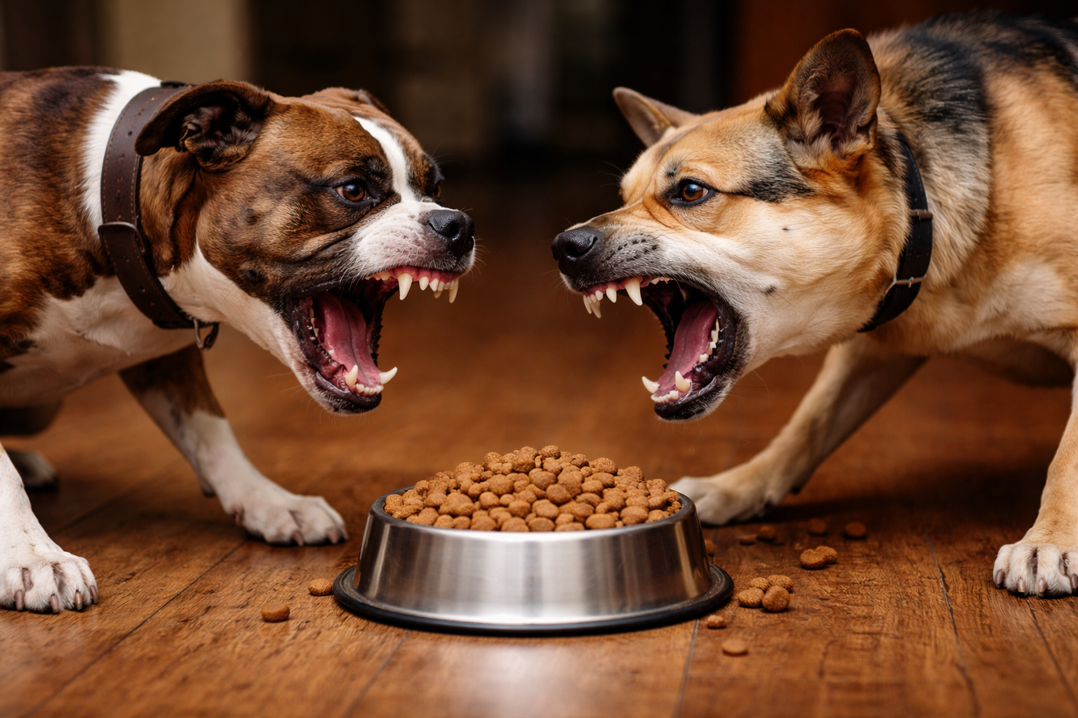 Two dogs fighting over a bowl of dry dog food on a wooden floor.