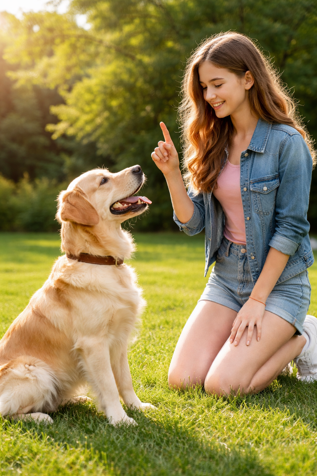 A young woman with long wavy hair kneeling on grass, wearing a denim jacket and shorts, smiling and playing with a golden retriever puppy outdoors on a sunny day in a park.