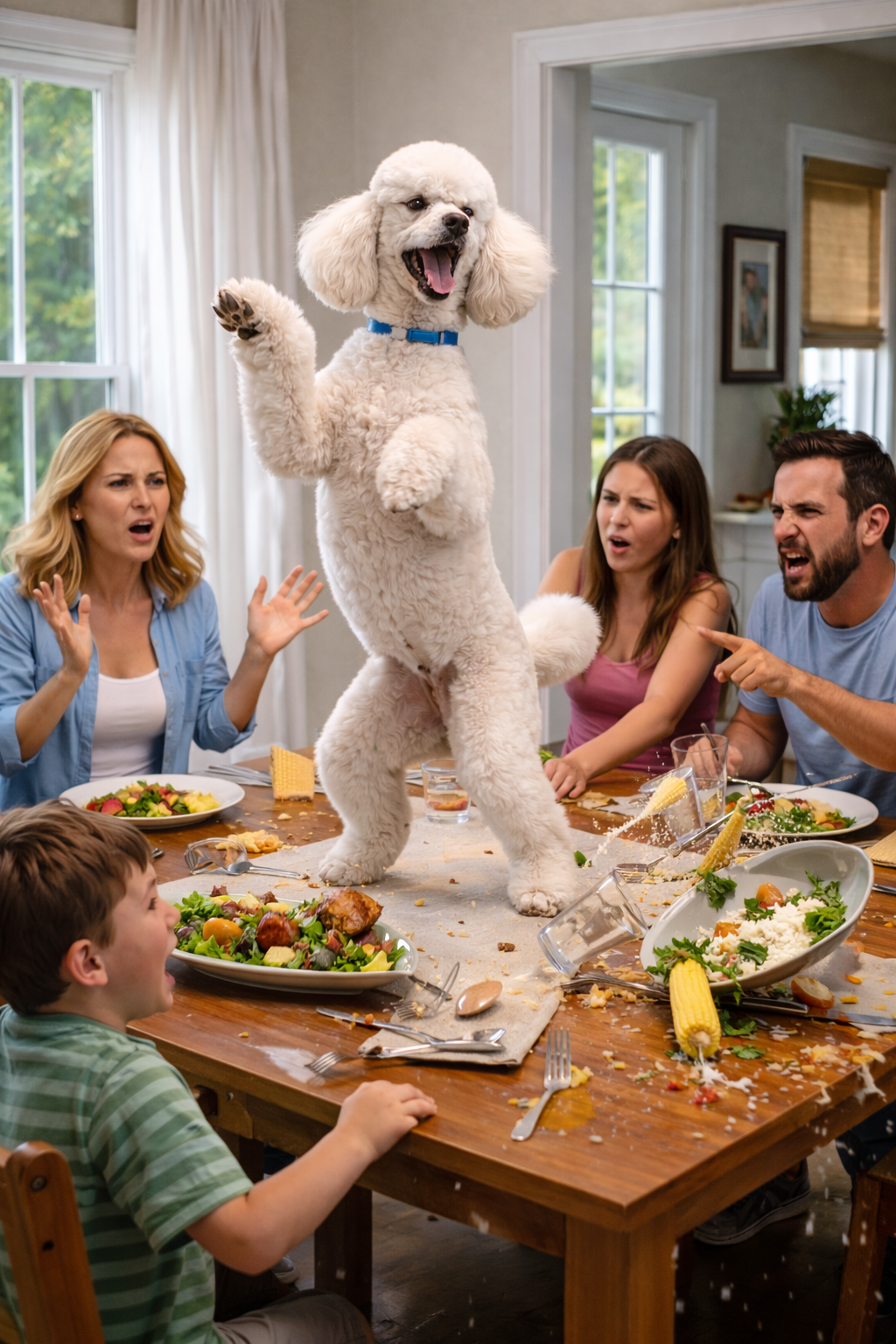 A humorous scene of a white poodle standing on a dining table during a messy meal, with family members reacting with surprise and shock.