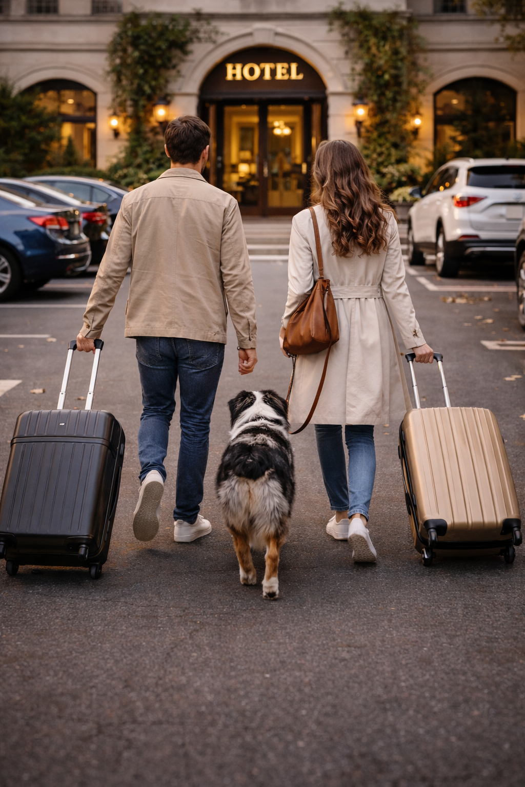 A couple walking into a hotel with their dog, both carrying rolling suitcases, during the evening.