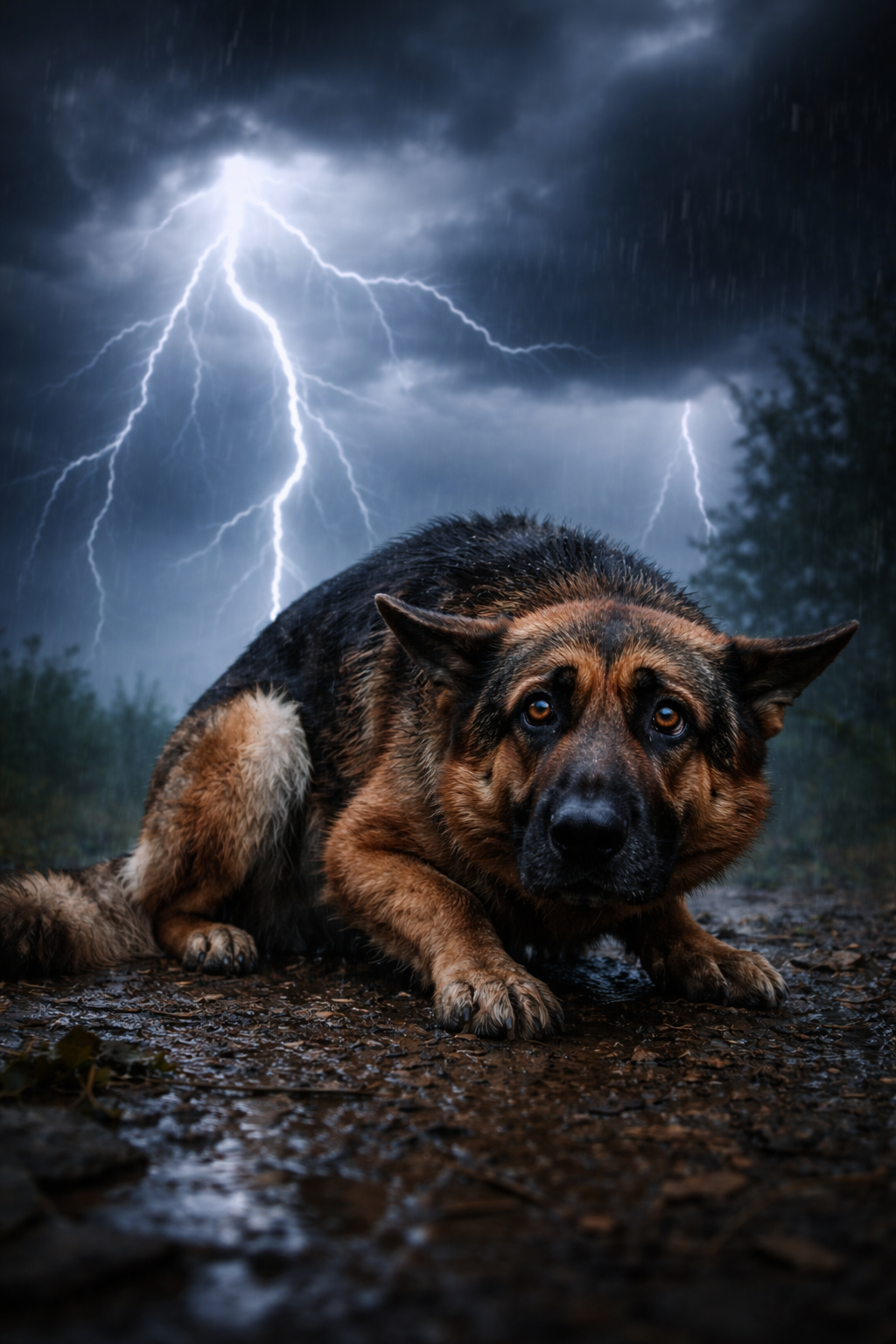 A shepherd dog crouching on a wet ground during a thunderstorm with lightning in the dark cloudy sky.