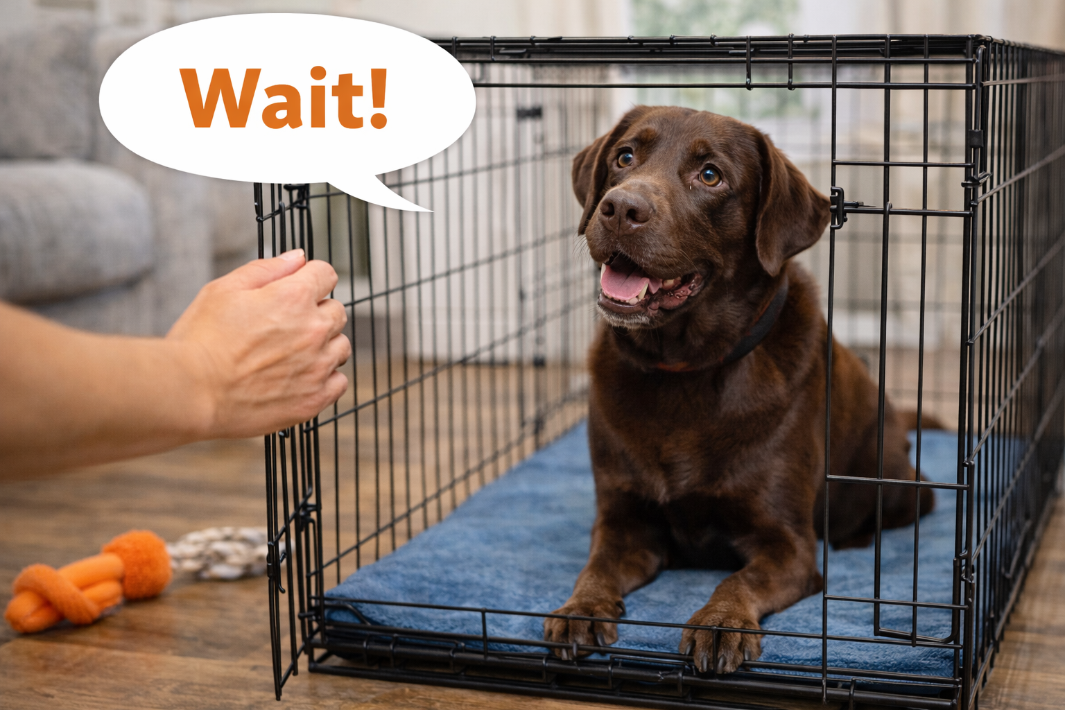 A brown dog inside a black wire crate with a blue mat, looking at a person who is opening the crate door. The dog has an excited expression and is panting. There is a speech bubble with the word "Wait!" near the person’s hand.