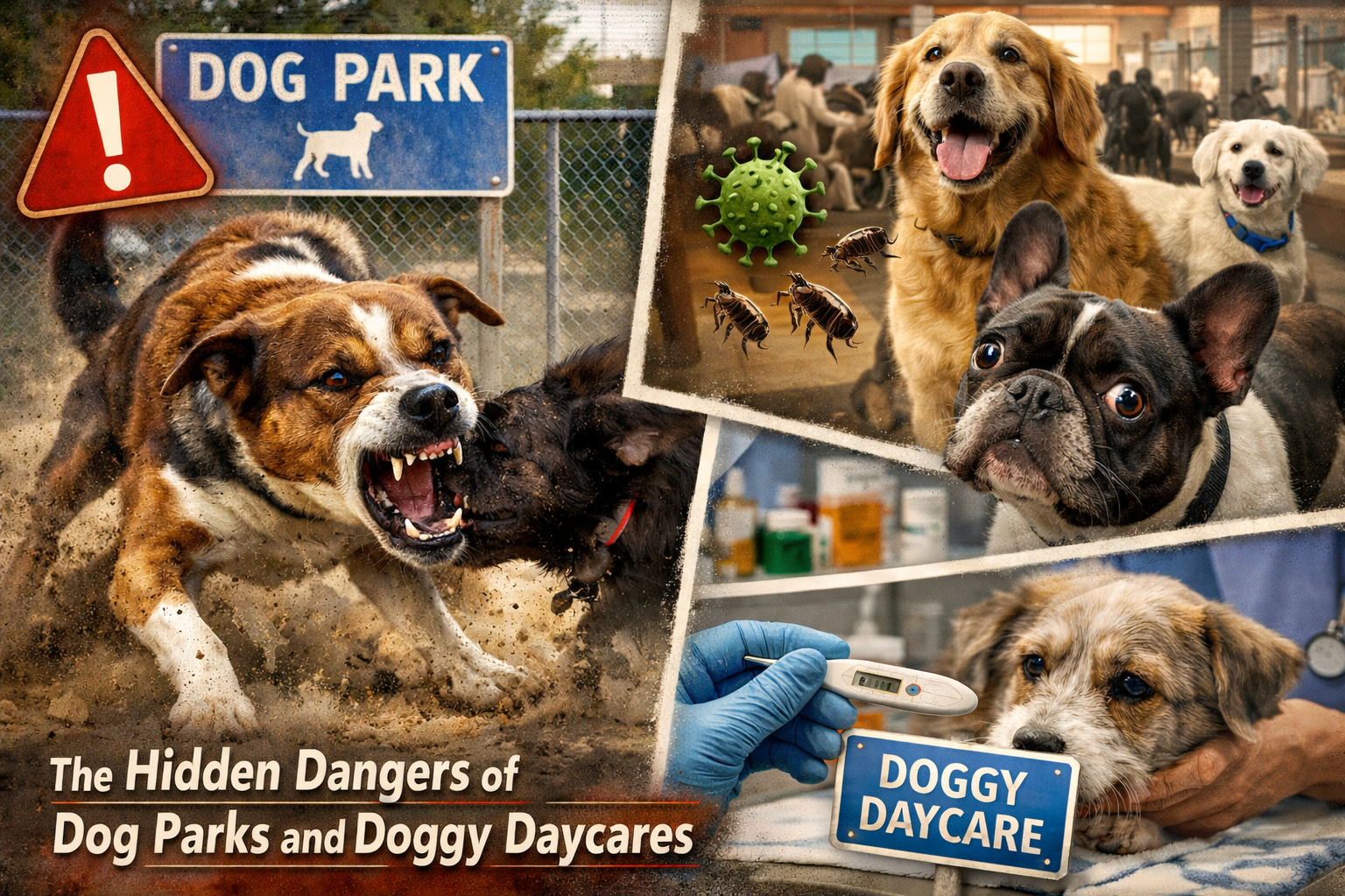A collage warning about dangers in dog parks and daycares. Features a dog fighting in a park, various dogs smiling and playing, a dog being examined by a vet, and a sign for doggy daycare.