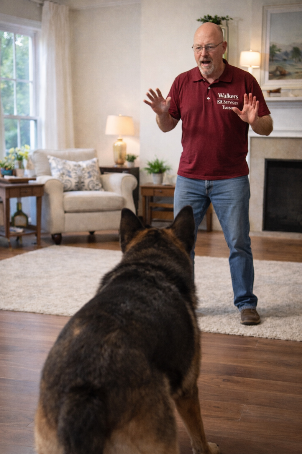 A man standing indoors with his hands raised, facing a dog sitting on the floor. The room has a white sofa, side tables with lamps, and a decorated fireplace mantel.