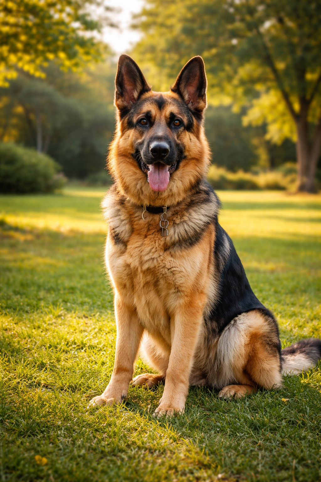 A German Shepherd dog sitting on the grass in a park during golden hour.