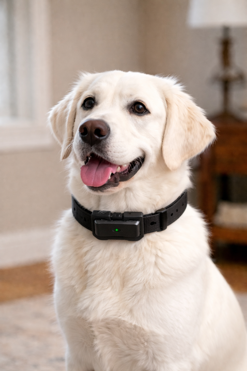 A happy Labrador Retriever wearing a black collar with a device attached.