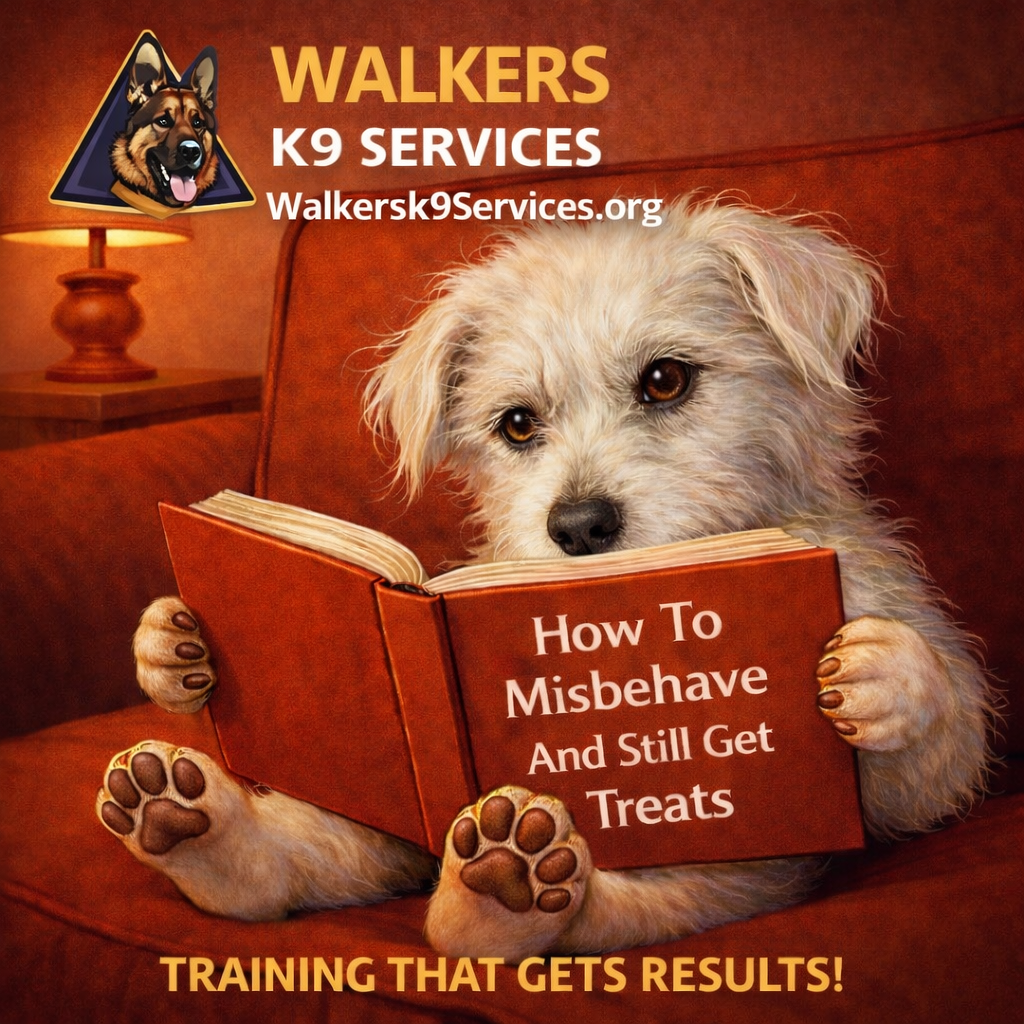 A fluffy light-colored dog reading a red book titled "How To Misbehave And Still Get Treats" while sitting on a red couch in a warmly lit room. The top left corner features a logo with a German Shepherd dog's face and the text "WALKERS K9 SERVICES" with website info.