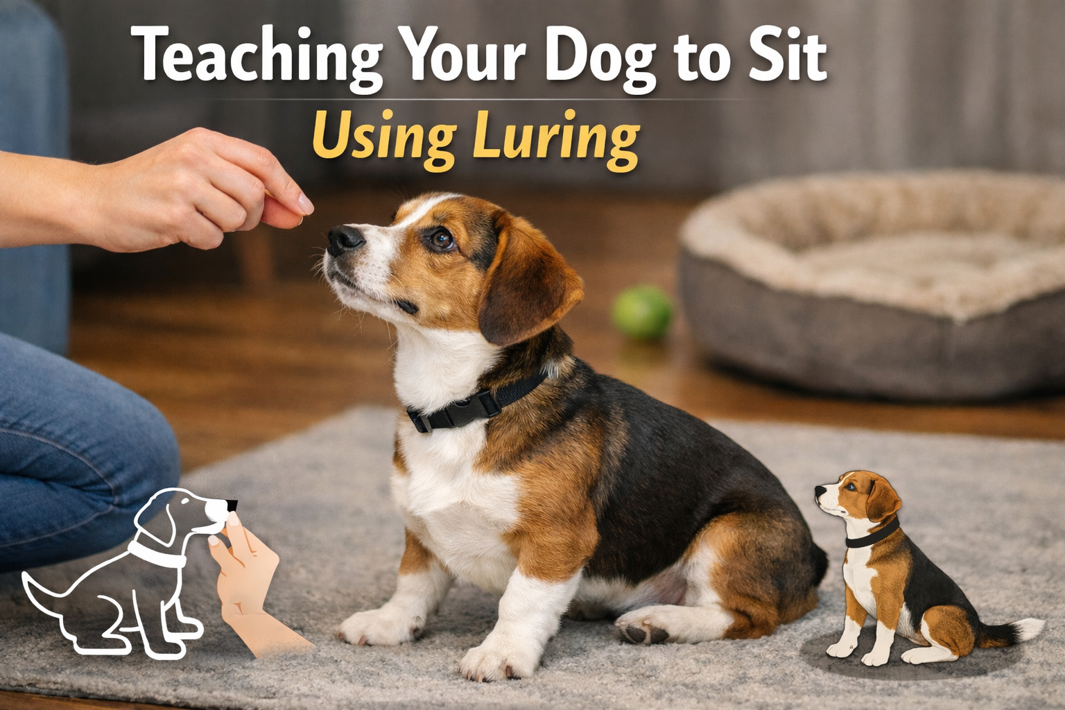 A person training a beagle puppy to sit using a treat and lure method. The image shows the puppy sitting on a carpet with a small illustrated dog guide and a real dog sitting attentively. There is a dog bed and a green ball in the background.