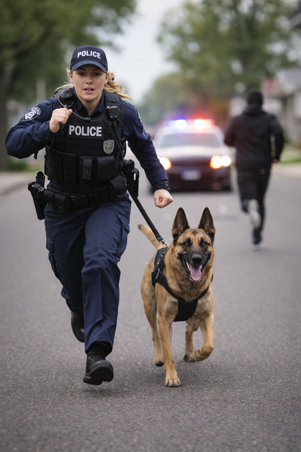 A police officer running with a police dog on a street with a police car with flashing lights in the background.