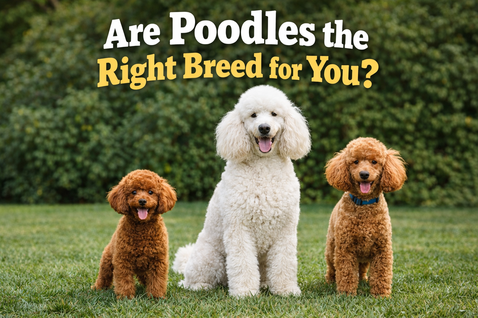 Three dogs sitting on grass with a green bush background, the larger white poodle in the center and two smaller brown poodles on each side, with text above reading 'Are Poodles the Right Breed for You?'.