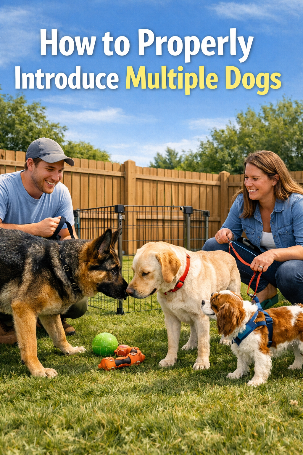 Two people introducing multiple dogs in a backyard with a fenced yard and a clear blue sky. The dogs are of various breeds and sizes, and there are toys on the grass.