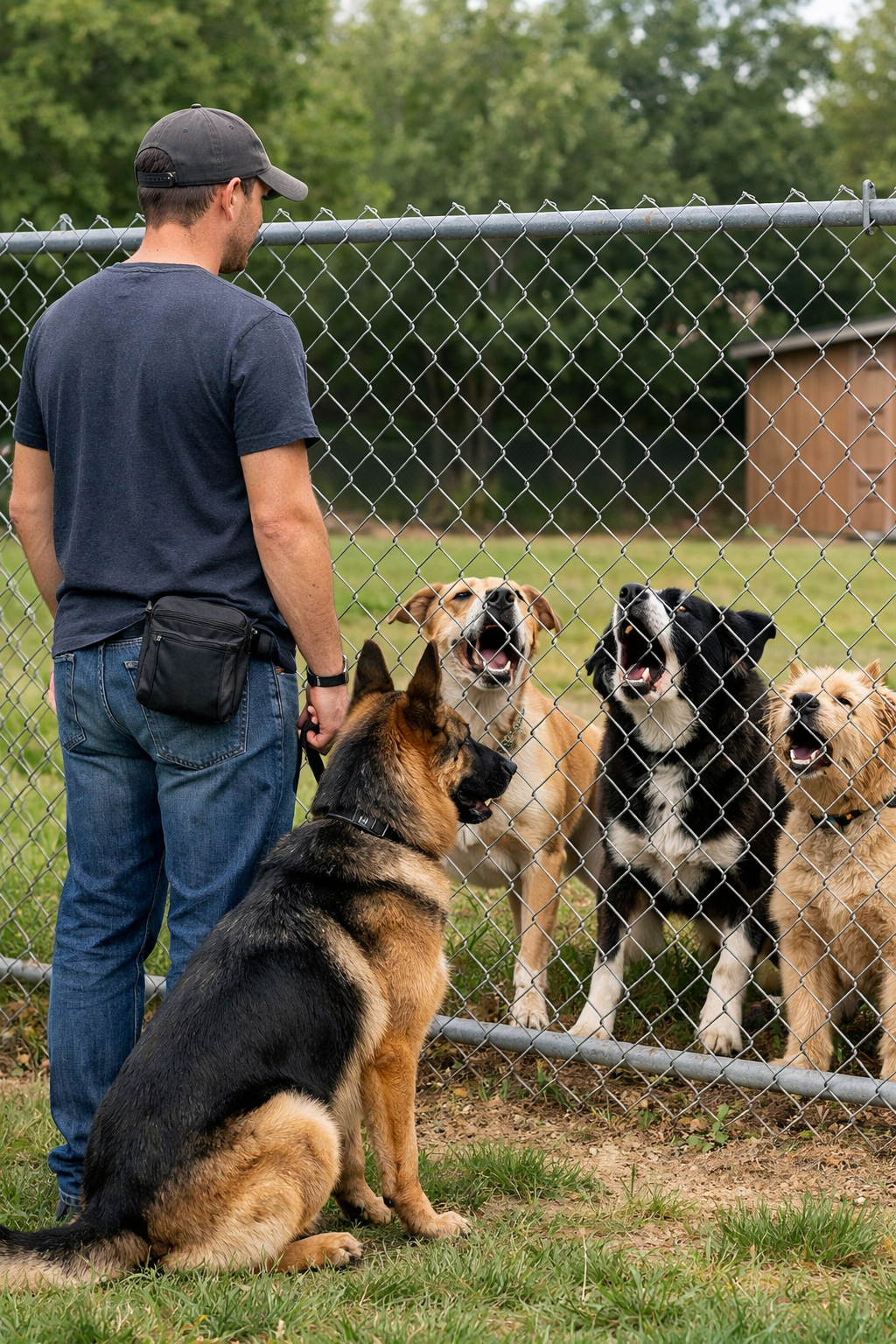A man standing outside a fenced dog park, looking at five dogs on the other side of the fence, some sitting and some barking.