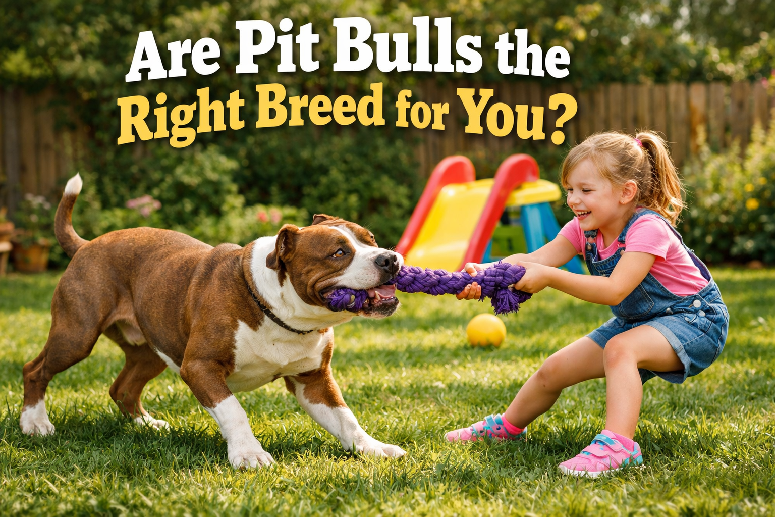 A young girl with a ponytail, wearing a pink shirt, denim overalls, and pink shoes, playing tug-of-war with a brown and white pit bull puppy in a grassy backyard with a slide in the background and trees at the fence line.
