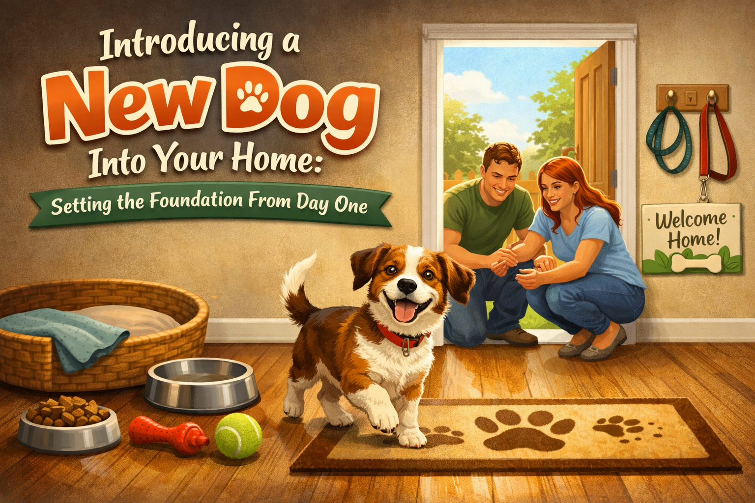 A welcoming home scene with a happy puppy, two people shaking hands at the door, and a sign saying 'Welcome Home!'.
