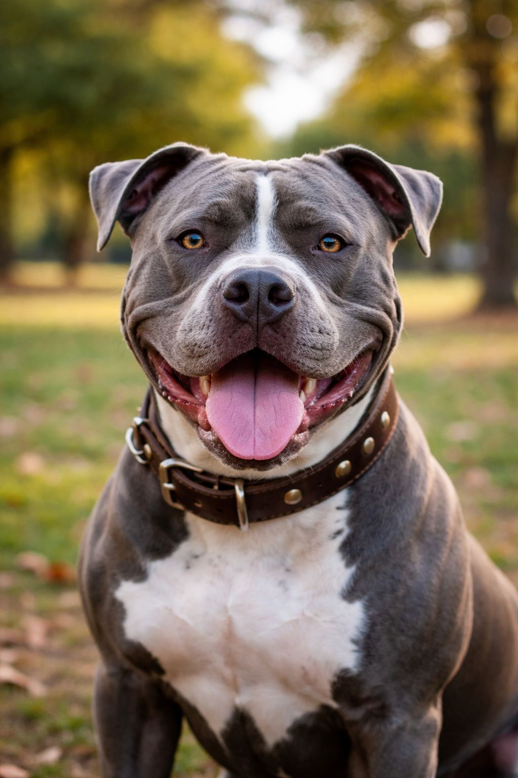 A happy gray and white pitbull sitting outdoors with a green park background, wearing a brown studded collar and tongue out.
