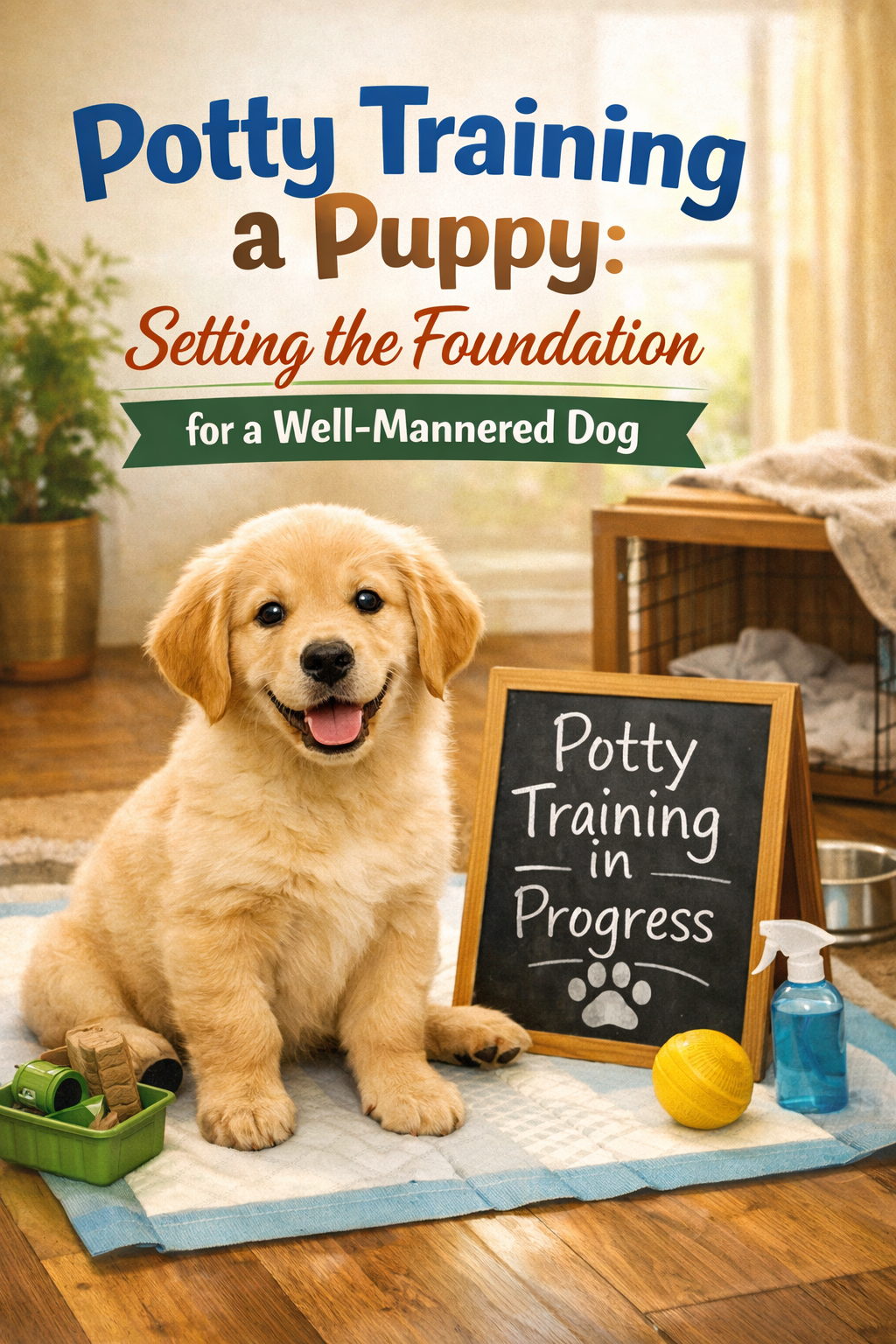 A puppy sitting on a blanket with training tools, a chalkboard sign reading 'Potty Training in Progress,' and a potted plant in the background, promoting puppy potty training.